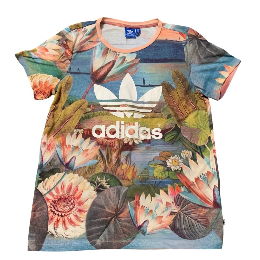Adidas T-Shirt Womens Small Multi Color Lotus Floral Trefoil Graphic Tee S